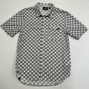 Vans short-sleeve button-down shirt black white checkerboard print.
Boys size: M